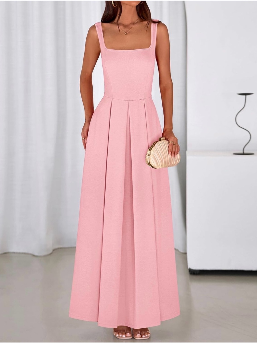 BTFBM Square-Neck Pink Maxi Dress with Pleated Skirt